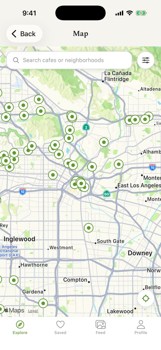 MatchaLine map of matcha cafés across Los Angeles